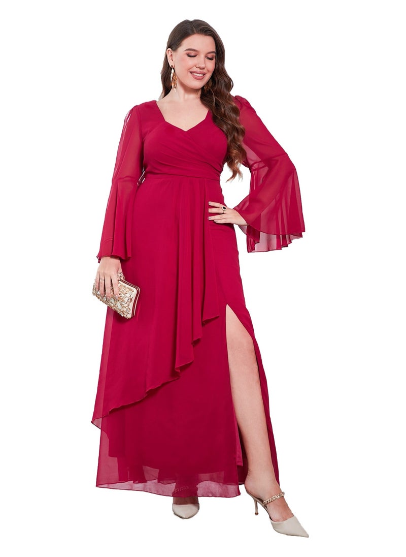 Women's Chiffon Flare Sleeves Irregular Side Slit Maxi Dress Summer Elegant High Waist Ceremonial Dress