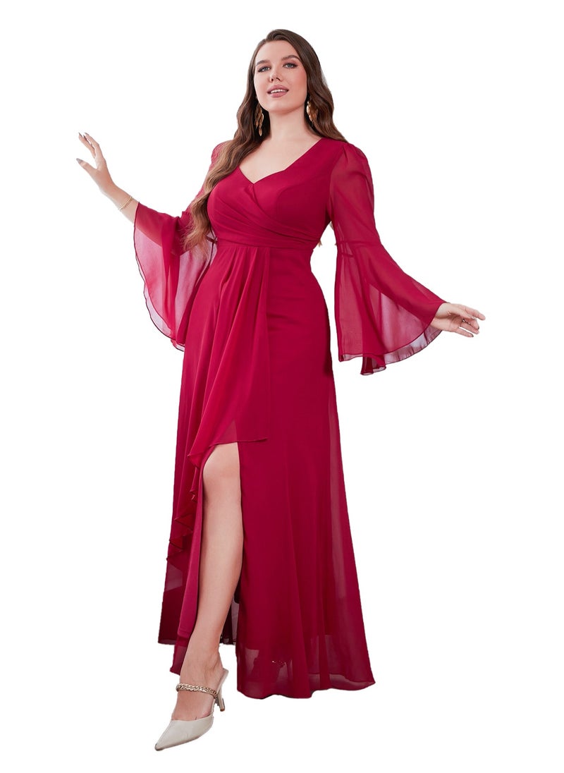 Women's Chiffon Flare Sleeves Irregular Side Slit Maxi Dress Summer Elegant High Waist Ceremonial Dress