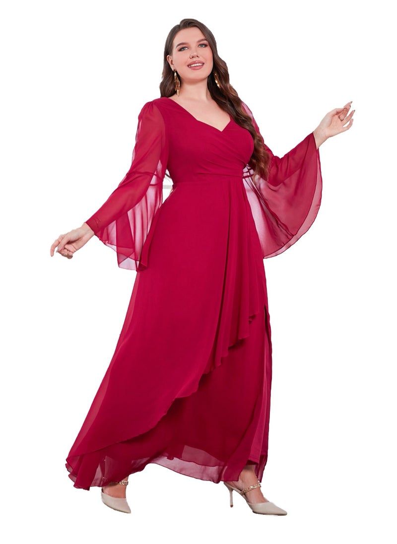 Women's Chiffon Flare Sleeves Irregular Side Slit Maxi Dress Summer Elegant High Waist Ceremonial Dress