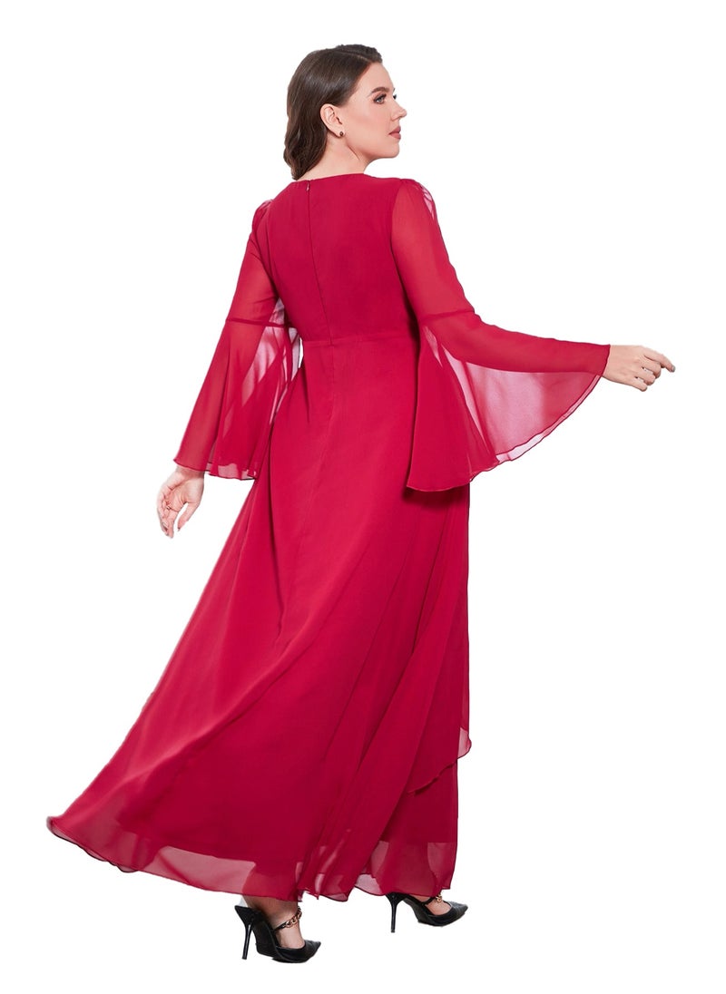 Women's Chiffon Flare Sleeves Irregular Side Slit Maxi Dress Summer Elegant High Waist Ceremonial Dress