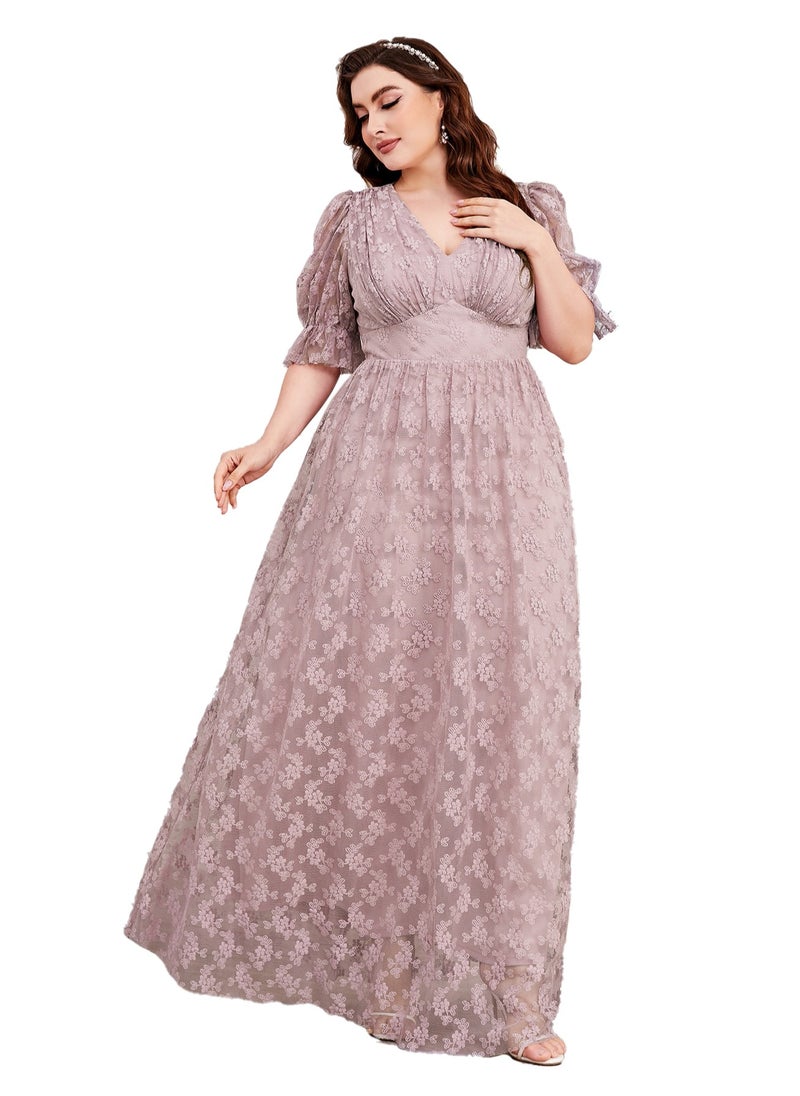 Women's Lace V-Neck Puff Sleeves Maxi Dress Summer Elegant High Waist Ceremonial Dress