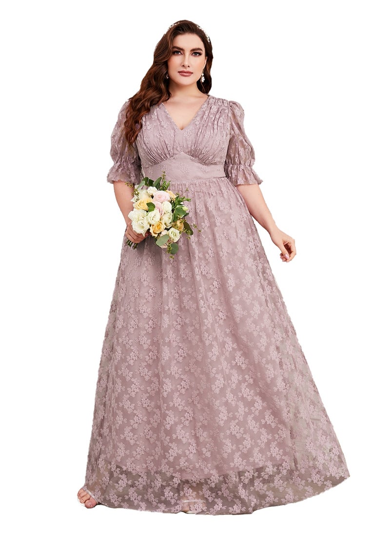 Women's Lace V-Neck Puff Sleeves Maxi Dress Summer Elegant High Waist Ceremonial Dress