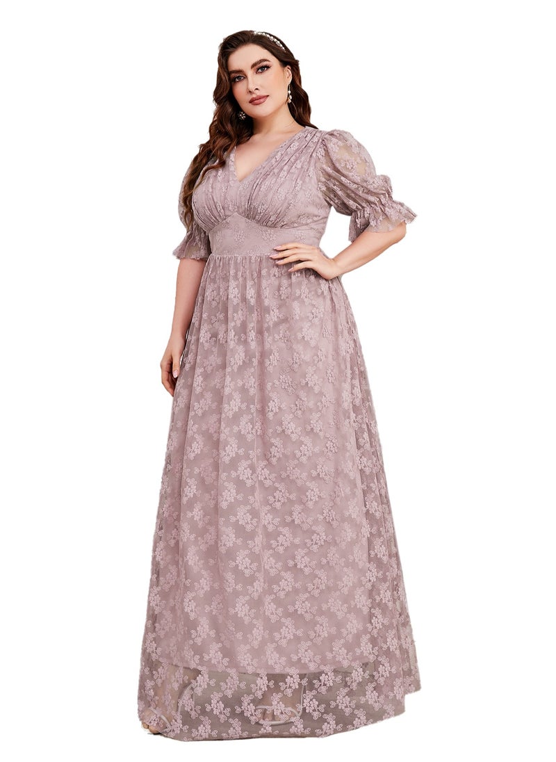Women's Lace V-Neck Puff Sleeves Maxi Dress Summer Elegant High Waist Ceremonial Dress