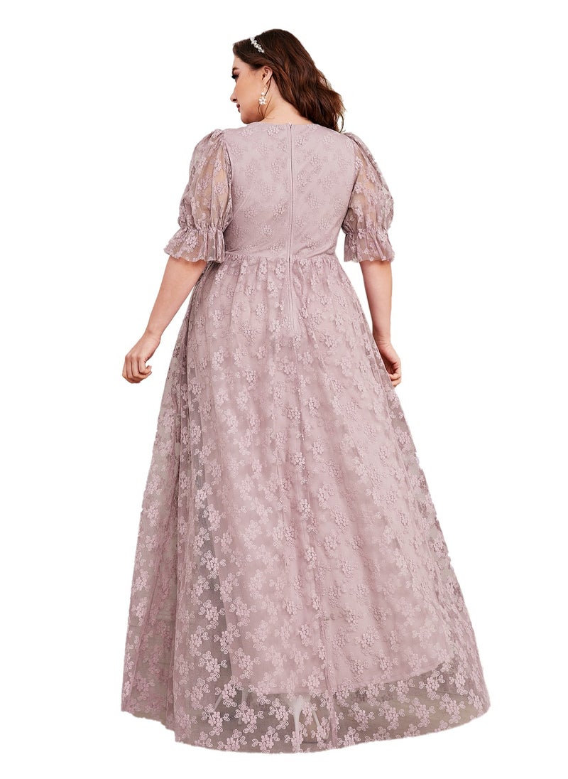 Women's Lace V-Neck Puff Sleeves Maxi Dress Summer Elegant High Waist Ceremonial Dress