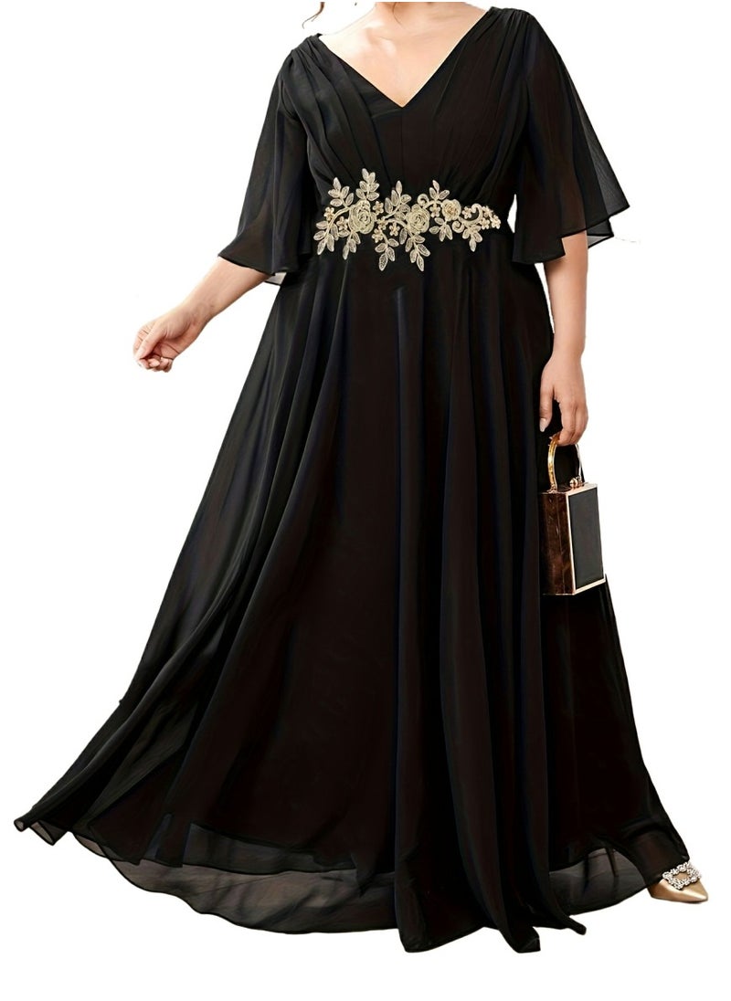 Women's V-Neck Embroider Ruffles Sleeves Maxi Dress Summer Plus Size Ceremonial Dress Black