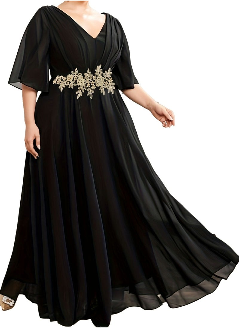 Women's V-Neck Embroider Ruffles Sleeves Maxi Dress Summer Plus Size Ceremonial Dress Black