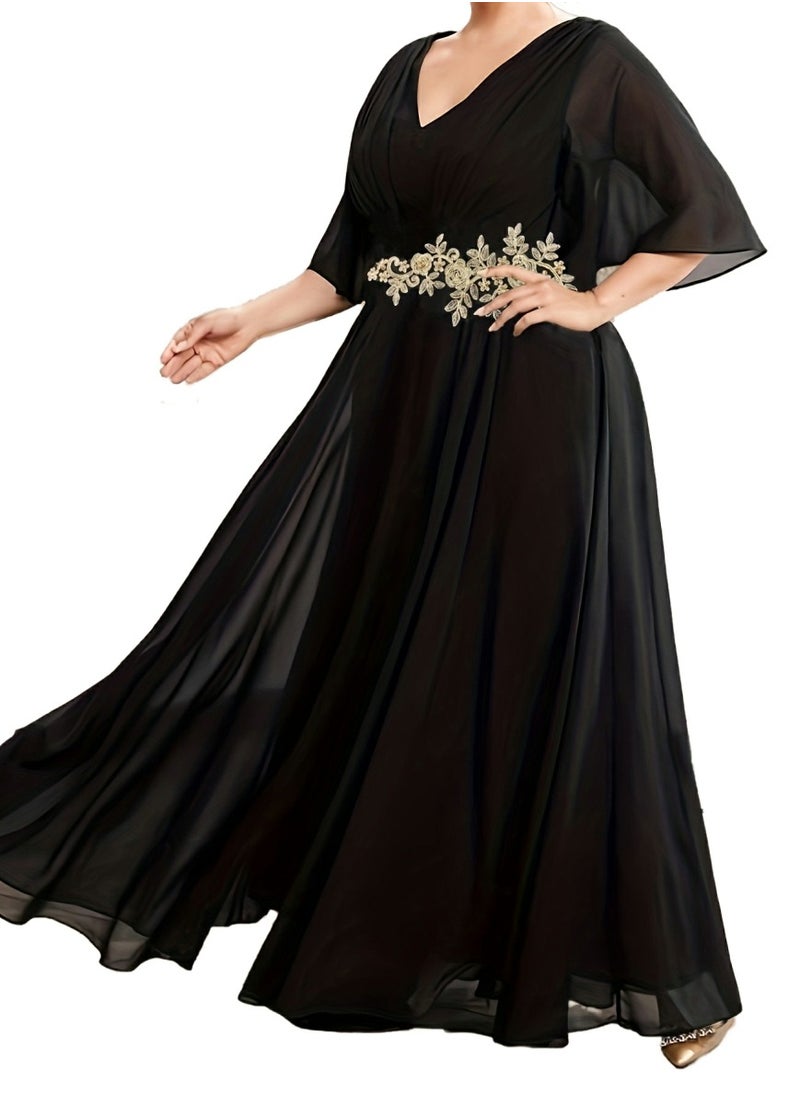 Women's V-Neck Embroider Ruffles Sleeves Maxi Dress Summer Plus Size Ceremonial Dress Black
