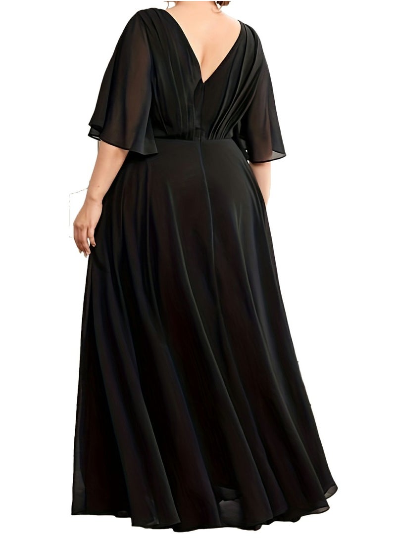Women's V-Neck Embroider Ruffles Sleeves Maxi Dress Summer Plus Size Ceremonial Dress Black