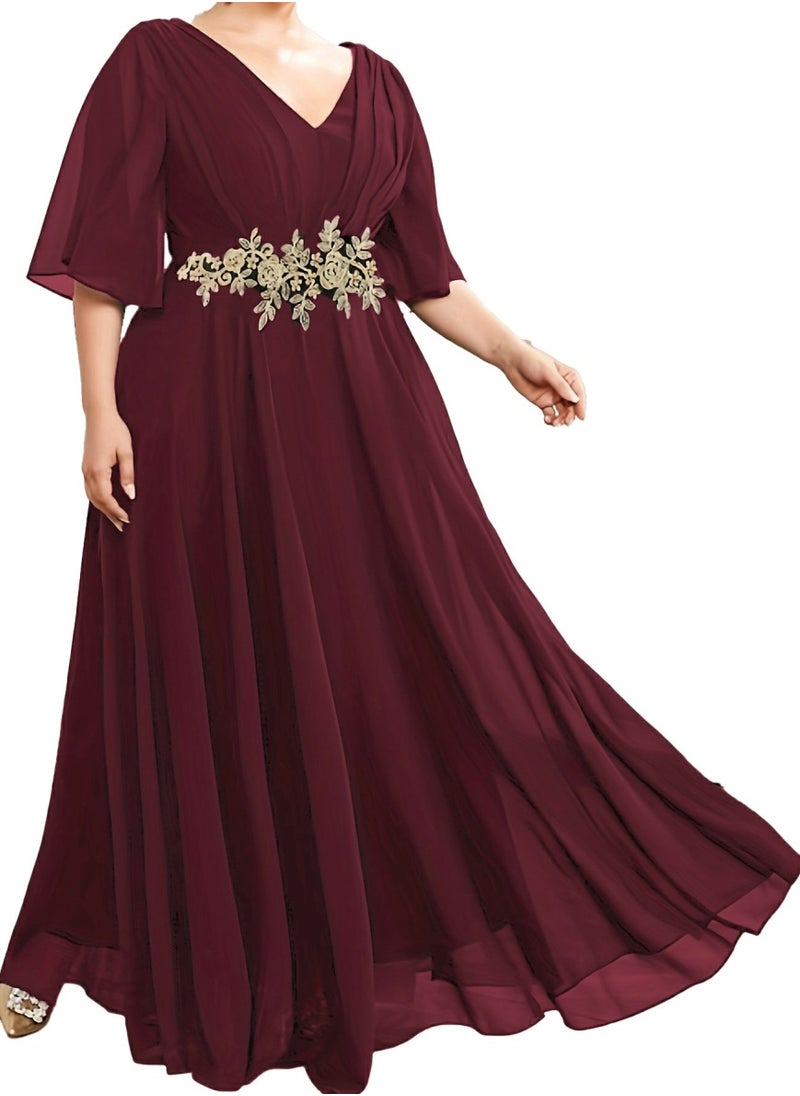 Women's V-Neck Embroider Ruffles Sleeves Maxi Dress Summer Plus Size Ceremonial Dress Red