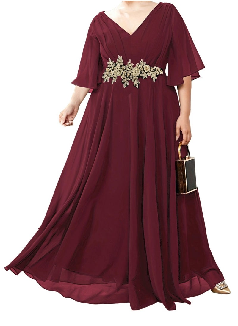 Women's V-Neck Embroider Ruffles Sleeves Maxi Dress Summer Plus Size Ceremonial Dress Red
