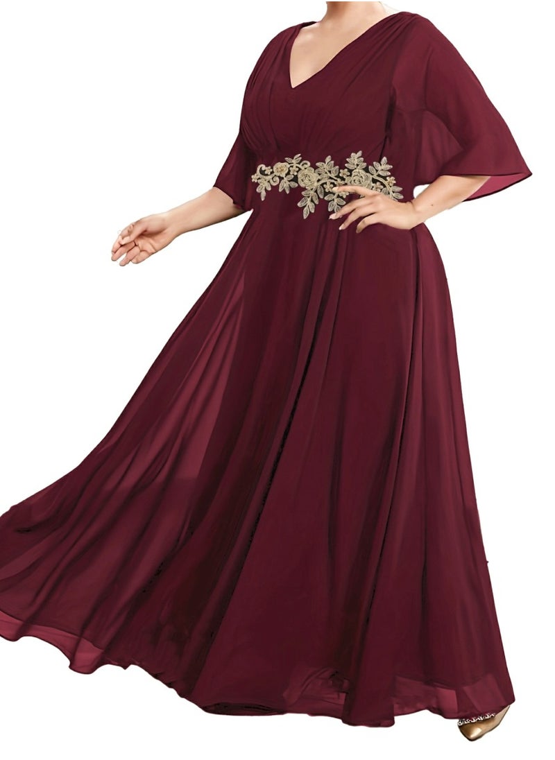 Women's V-Neck Embroider Ruffles Sleeves Maxi Dress Summer Plus Size Ceremonial Dress Red