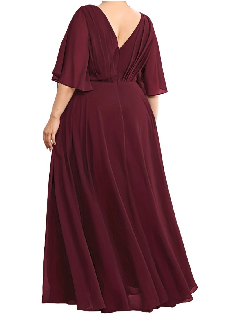 Women's V-Neck Embroider Ruffles Sleeves Maxi Dress Summer Plus Size Ceremonial Dress Red