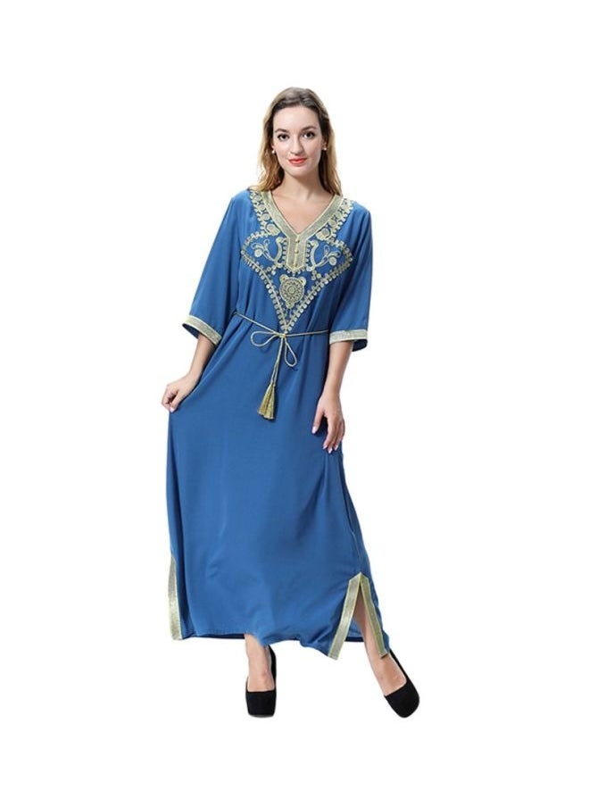 V-Neck Traditional Wool Peach Dress Royal Blue/Yellow