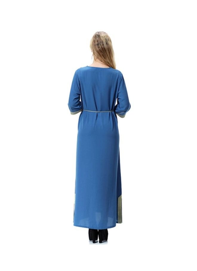 V-Neck Traditional Wool Peach Dress Royal Blue/Yellow
