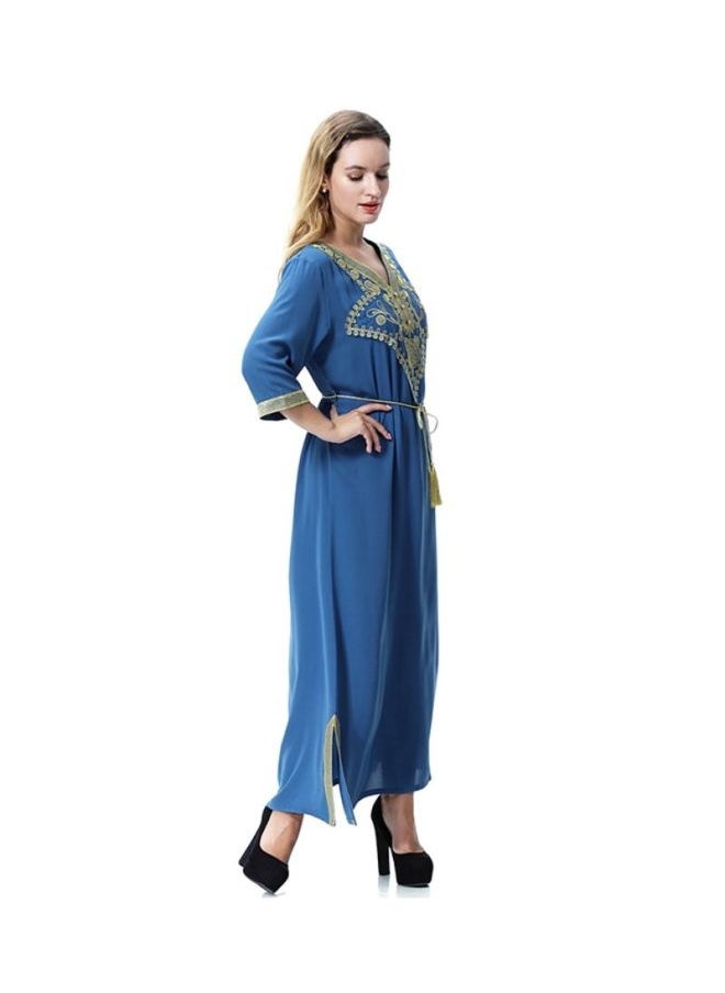 V-Neck Traditional Wool Peach Dress Royal Blue/Yellow