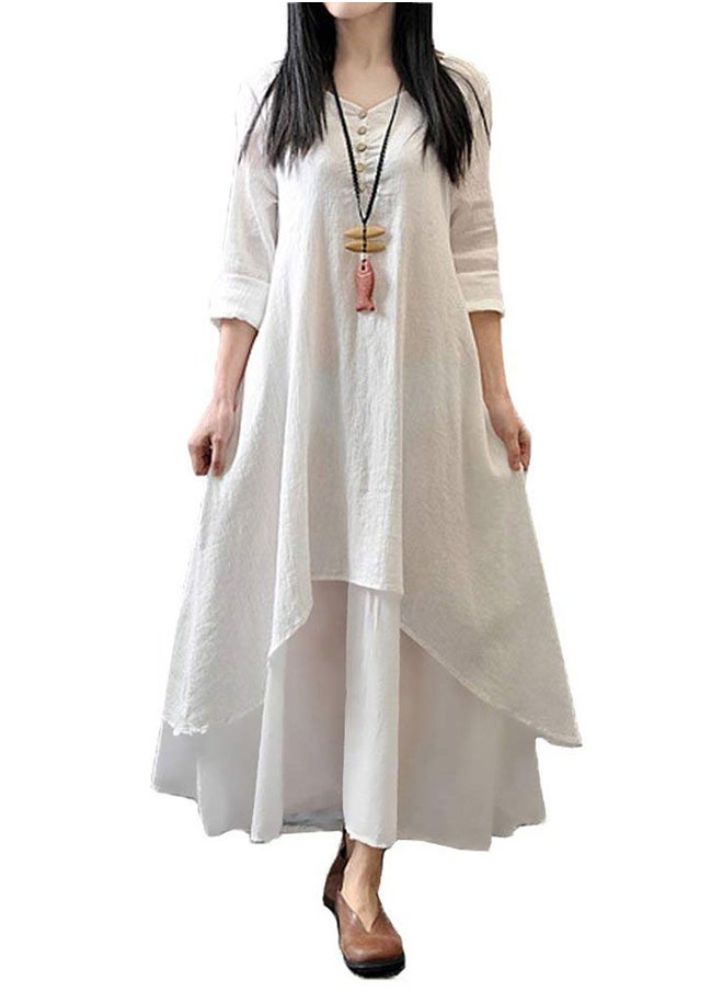 New Fashion Solid Long Sleeves Boho Long Maxi Dress G8214W White