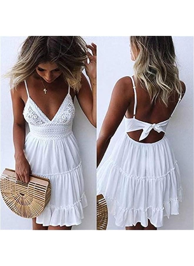 Dresses for Women 2024 Summer V-Neck Spaghetti Strap Bowknot Backless Sleeveless Lace Mini Swing Skater Dress