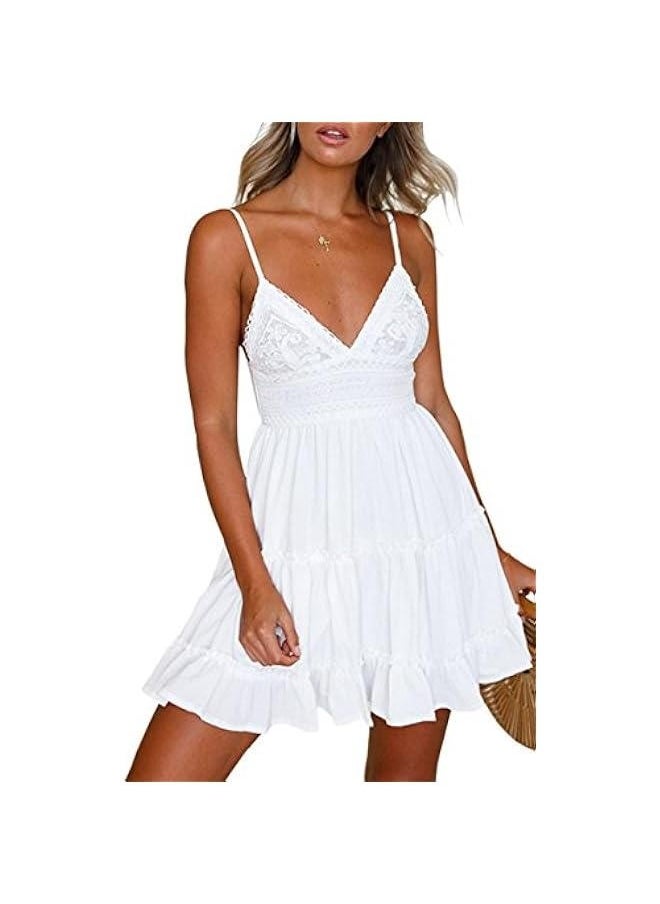 Dresses for Women 2024 Summer V-Neck Spaghetti Strap Bowknot Backless Sleeveless Lace Mini Swing Skater Dress