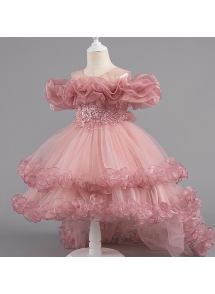 Princess Dress for Girls Summer Gown with High-Low Hem Floral Appliques And Belt Detail, Breathable Polyester Blend For Eid Festival And Birthday Party