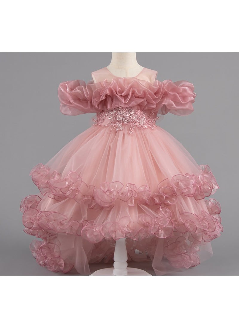 Princess Dress for Girls Summer Gown with High-Low Hem Floral Appliques And Belt Detail, Breathable Polyester Blend For Eid Festival And Birthday Party