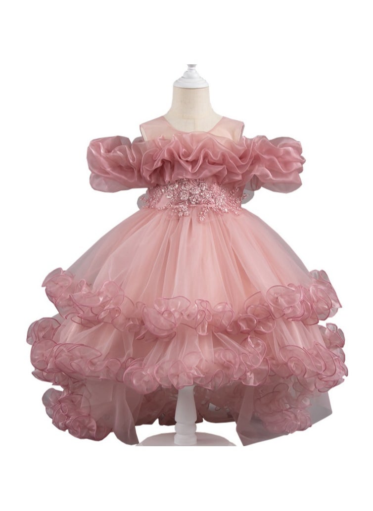 Princess Dress for Girls Summer Gown with High-Low Hem Floral Appliques And Belt Detail, Breathable Polyester Blend For Eid Festival And Birthday Party