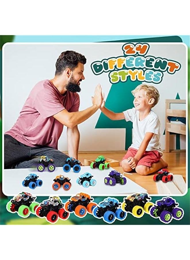 24 Pack Truck Toys Bulk for Girls Boys Mini Pull Back Truck Toy Push and Go Friction Powered Car Trucks Bulk for Kids Teens Stunt Toy Vehicles Playset for Birthday Party Gift(Cool Style)