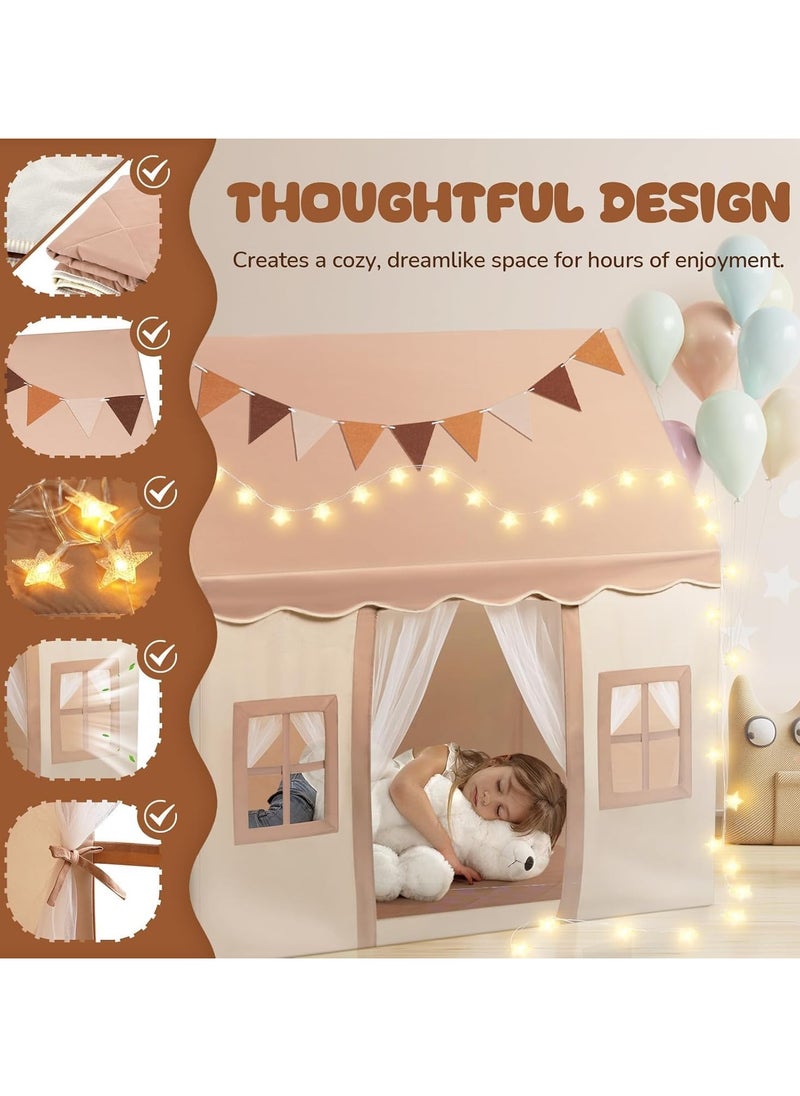 Large Kids Tent Playhouse Basic Mat with Star Lights, Flags and Tote Bags, Kids Play Tent Indoor & Outdoor, Washable Teepee Tent for Boys & Girls, Kids Play House for Toddler