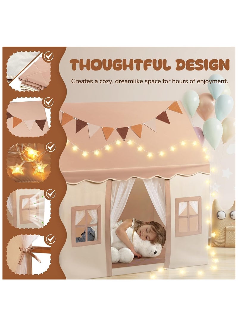 Play Tent with Padded Mat, Pennant Banners, Star Lights - Kids Playhouse with Large Space for Indoor Outdoor, Large Play House Toys for Toddler, Boys and Girls, Side Door Roller Blind