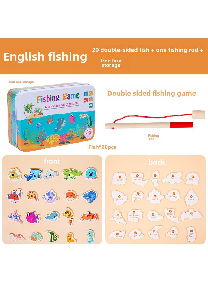 Wooden Magnetic Fishing Game for Kids English version iron box 20 1 pole