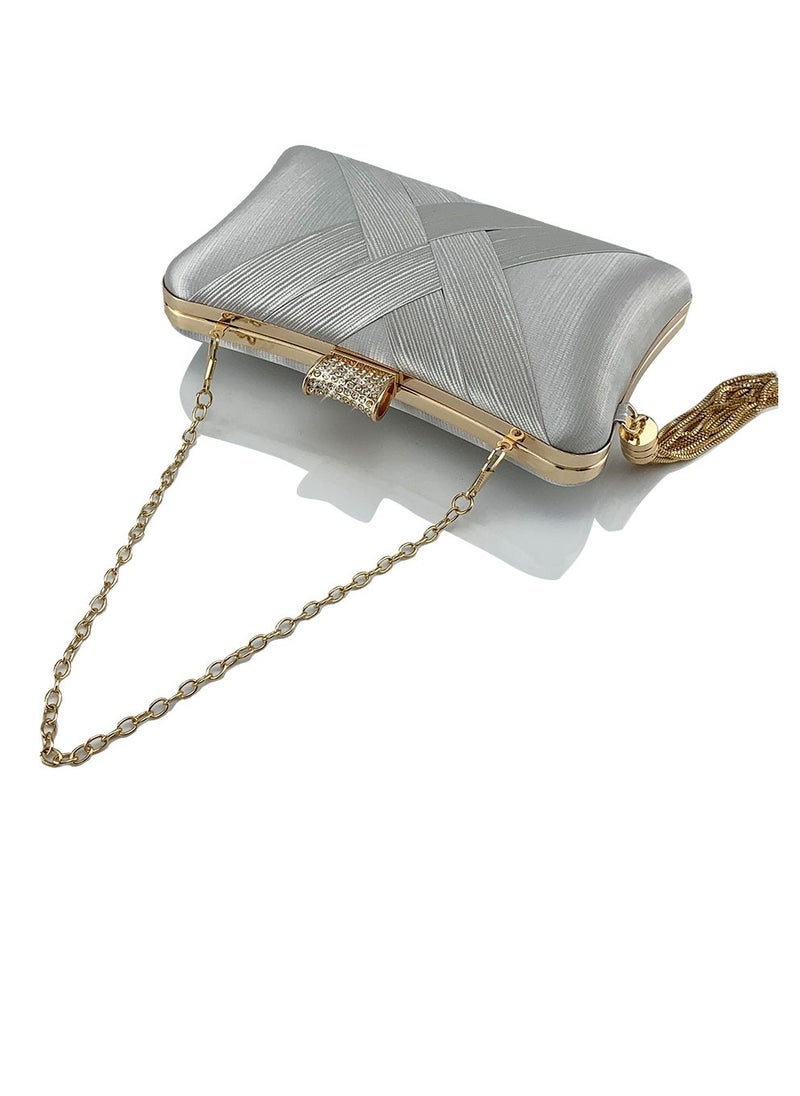 Womens tassel Decoration Clutch Purses Evening Crossbody Bag Chain Handbag for Wedding Cocktail Party Prom Silver