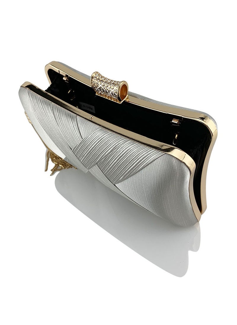 Womens tassel Decoration Clutch Purses Evening Crossbody Bag Chain Handbag for Wedding Cocktail Party Prom Silver