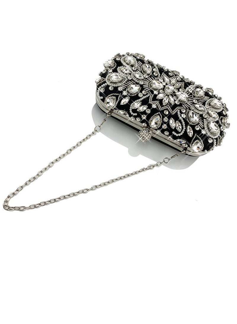 Womens Rhinestones Decoration Clutch Purses Evening Crossbody Bag Chain Handbag for Wedding Cocktail Party Prom Black