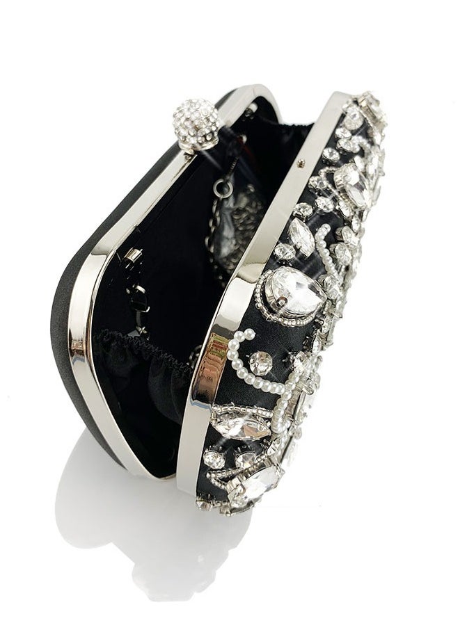 Womens Rhinestones Decoration Clutch Purses Evening Crossbody Bag Chain Handbag for Wedding Cocktail Party Prom Black