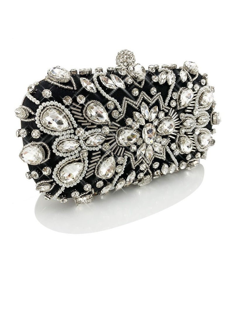 Womens Rhinestones Decoration Clutch Purses Evening Crossbody Bag Chain Handbag for Wedding Cocktail Party Prom Black