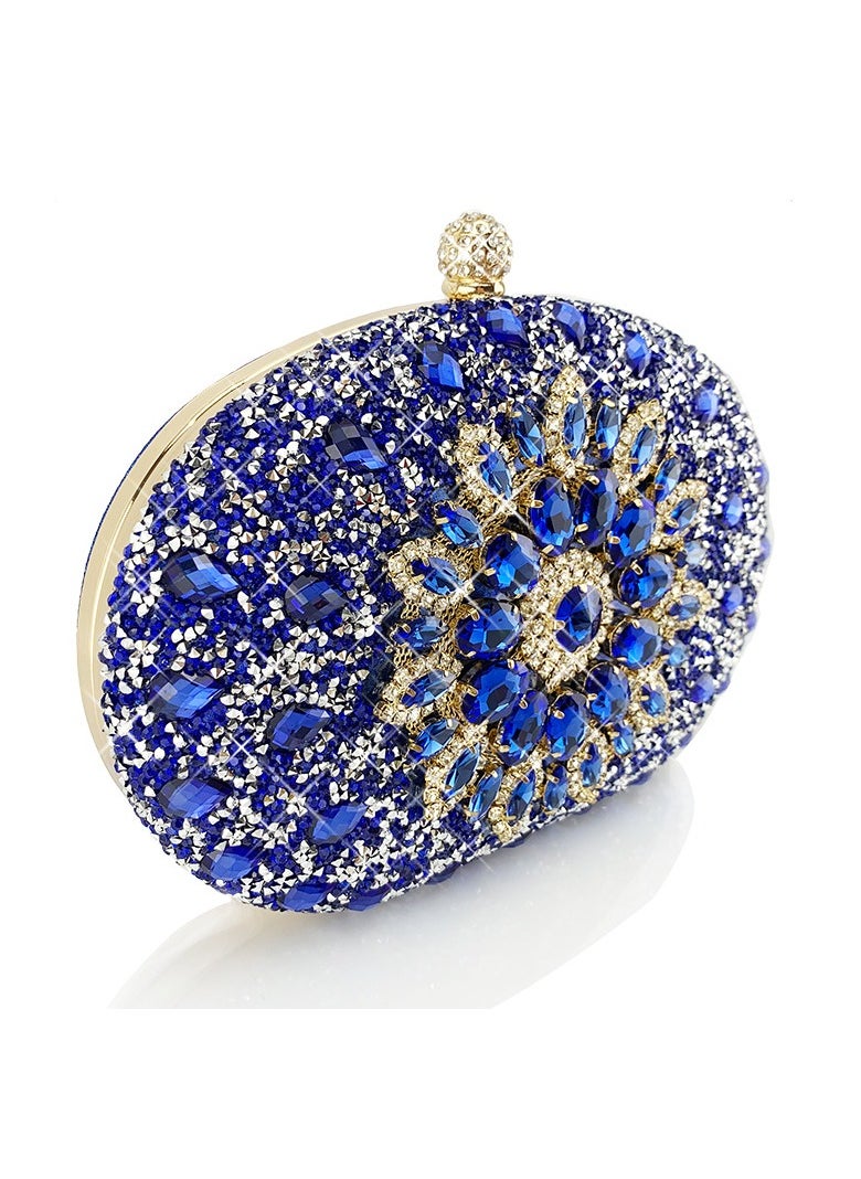 Womens Shiny Rhinestones Decoration Oval Clutch Purses Evening Crossbody Bag Chain Handbag for Wedding Cocktail Party Prom Blue