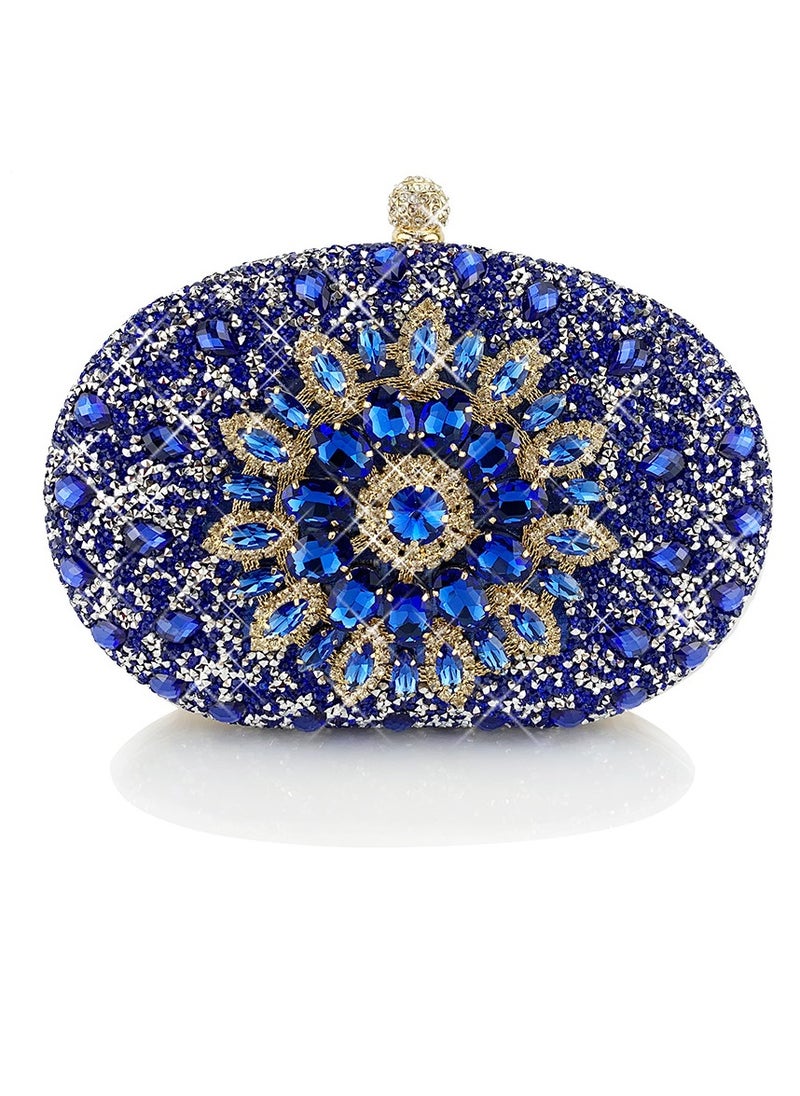 Womens Shiny Rhinestones Decoration Oval Clutch Purses Evening Crossbody Bag Chain Handbag for Wedding Cocktail Party Prom Blue