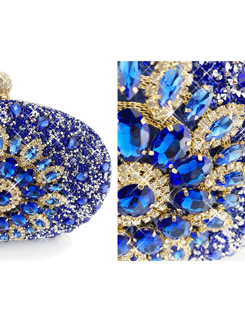 Womens Shiny Rhinestones Decoration Oval Clutch Purses Evening Crossbody Bag Chain Handbag for Wedding Cocktail Party Prom Blue