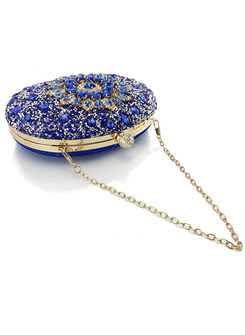 Womens Shiny Rhinestones Decoration Oval Clutch Purses Evening Crossbody Bag Chain Handbag for Wedding Cocktail Party Prom Blue
