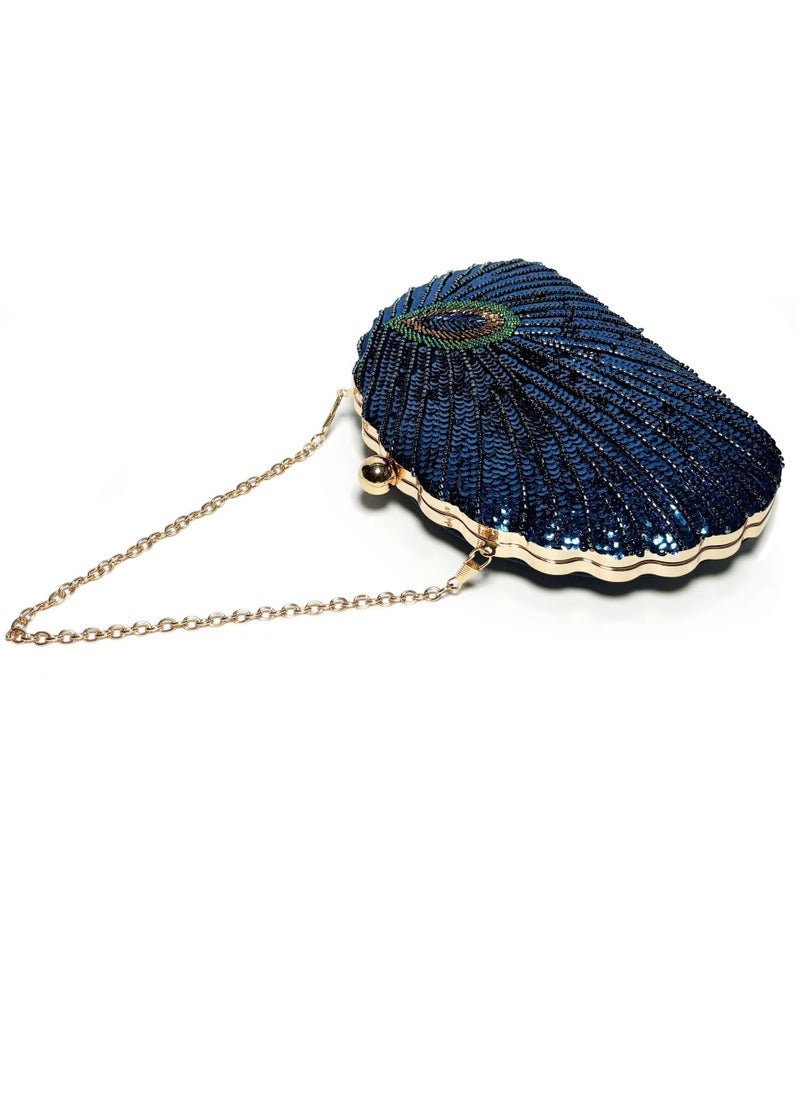 Womens Sequin Nail Bead Peacock Pattern Clutch Purses Evening Crossbody Bag Chain Handbag for Wedding Cocktail Party Prom Dark Blue