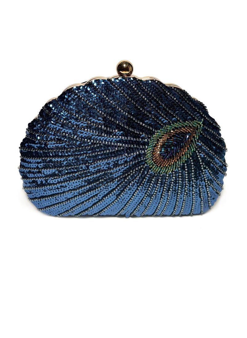 Womens Sequin Nail Bead Peacock Pattern Clutch Purses Evening Crossbody Bag Chain Handbag for Wedding Cocktail Party Prom Dark Blue