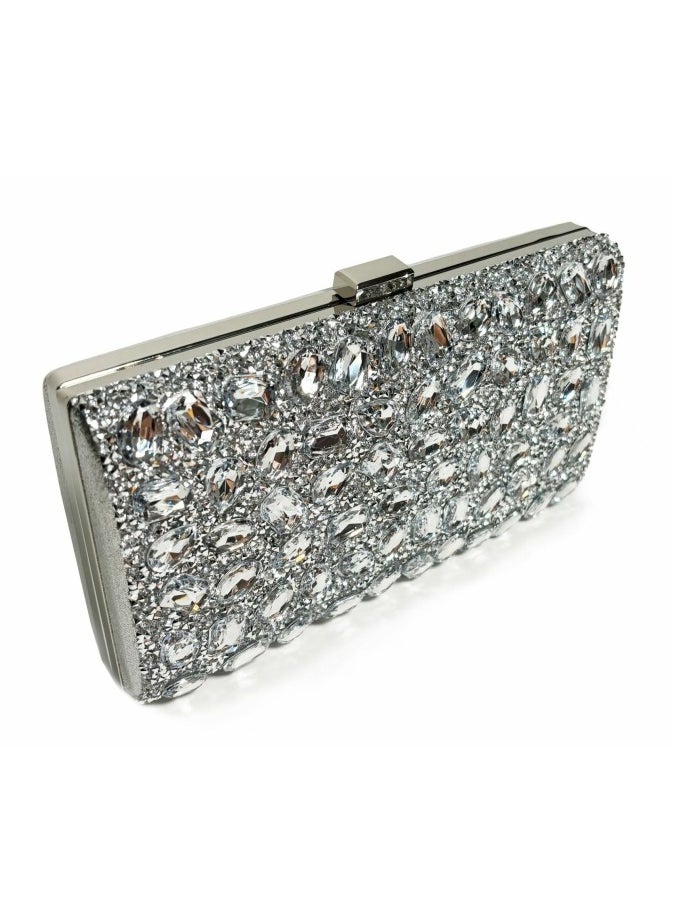 Womens Rhinestones Decoration Clutch Purses Evening Crossbody Bag Chain Handbag for Wedding Cocktail Party Prom Silver