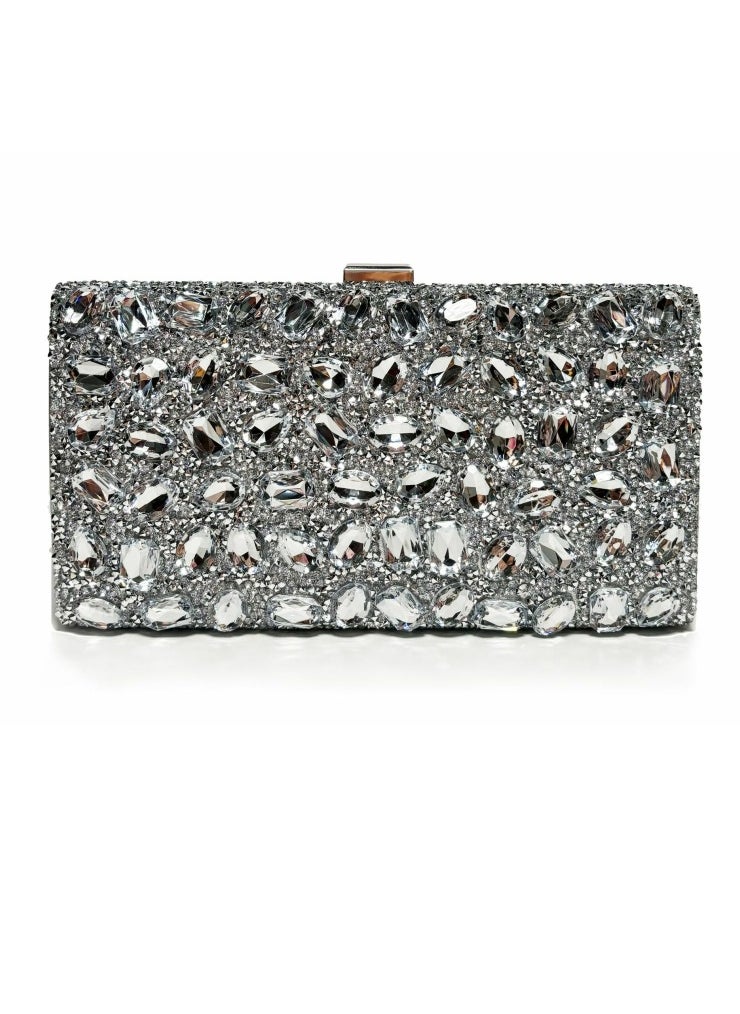 Womens Rhinestones Decoration Clutch Purses Evening Crossbody Bag Chain Handbag for Wedding Cocktail Party Prom Silver