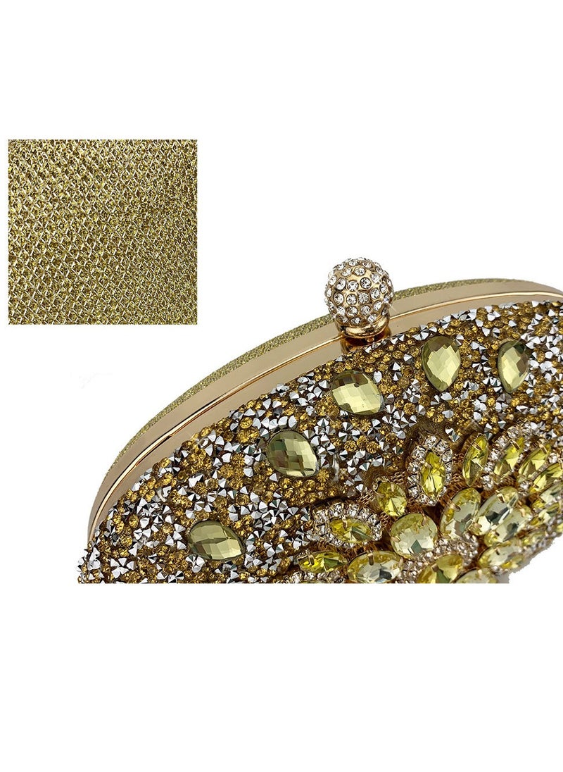 Womens Shiny Rhinestones Decoration Oval Clutch Purses Evening Crossbody Bag Chain Handbag for Wedding Cocktail Party Prom Gold