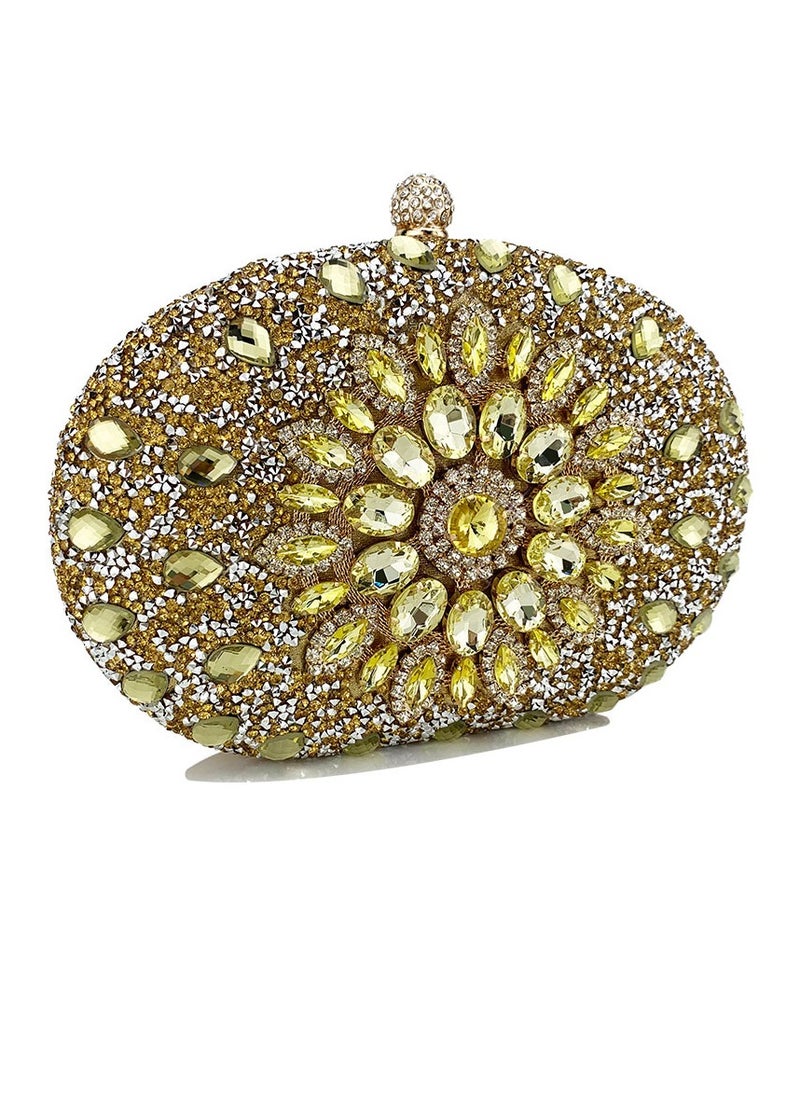 Womens Shiny Rhinestones Decoration Oval Clutch Purses Evening Crossbody Bag Chain Handbag for Wedding Cocktail Party Prom Gold