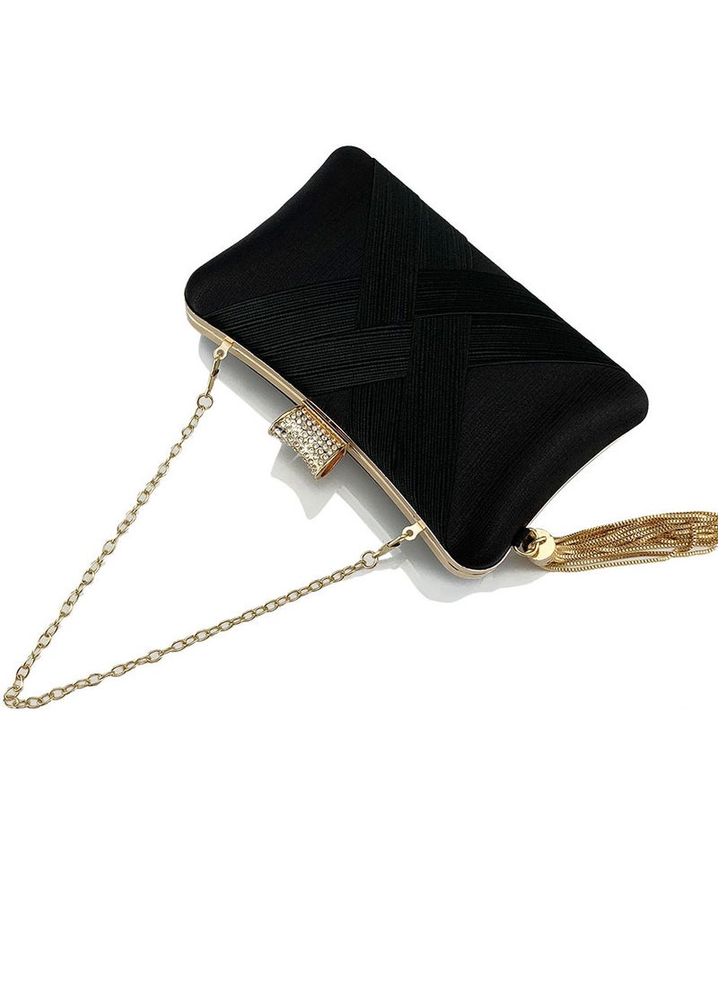 Womens tassel Decoration Clutch Purses Evening Crossbody Bag Chain Handbag for Wedding Cocktail Party Prom Black