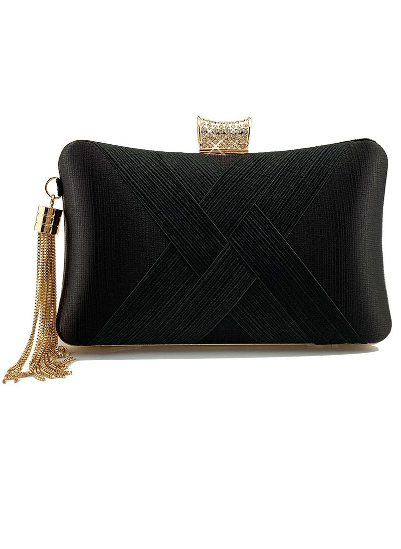 Womens tassel Decoration Clutch Purses Evening Crossbody Bag Chain Handbag for Wedding Cocktail Party Prom Black
