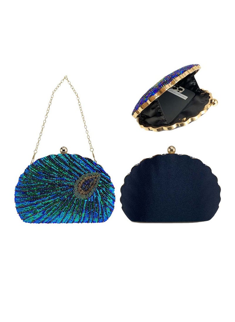 Womens Sequin Nail Bead Peacock Pattern Clutch Purses Evening Crossbody Bag Chain Handbag for Wedding Cocktail Party Prom Green