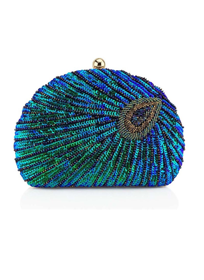 Womens Sequin Nail Bead Peacock Pattern Clutch Purses Evening Crossbody Bag Chain Handbag for Wedding Cocktail Party Prom Green