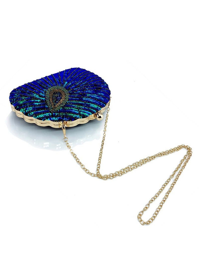 Womens Sequin Nail Bead Peacock Pattern Clutch Purses Evening Crossbody Bag Chain Handbag for Wedding Cocktail Party Prom Green