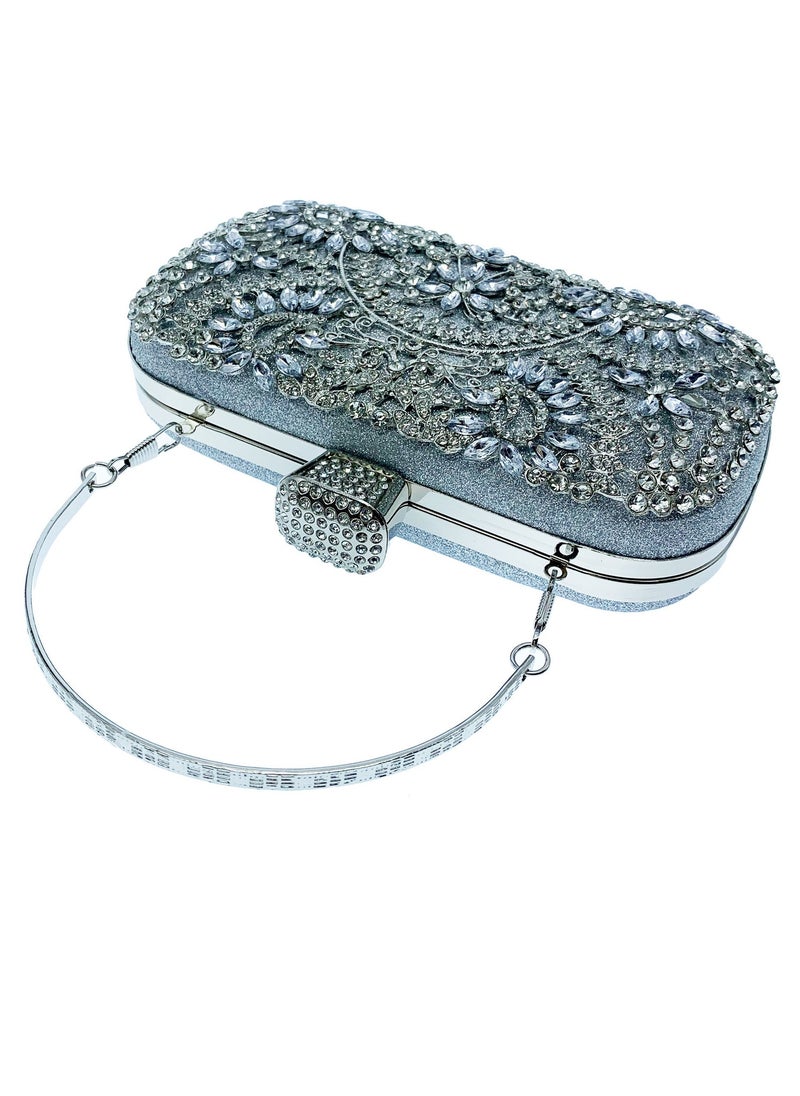 Womens Shiny Rhinestones Decoration Clutch Purses Evening Crossbody Bag Chain Handbag for Wedding Cocktail Party Prom Silver